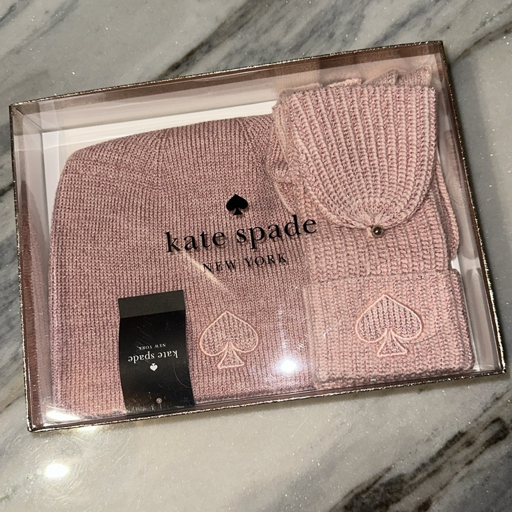 New Kate Spade glitter pink winter hat + tech friendly gloves boxed gift set